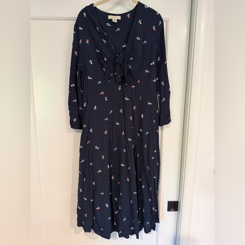 Anthropologie Long Sleeve Navy Floral Tie-Front Midi Dress